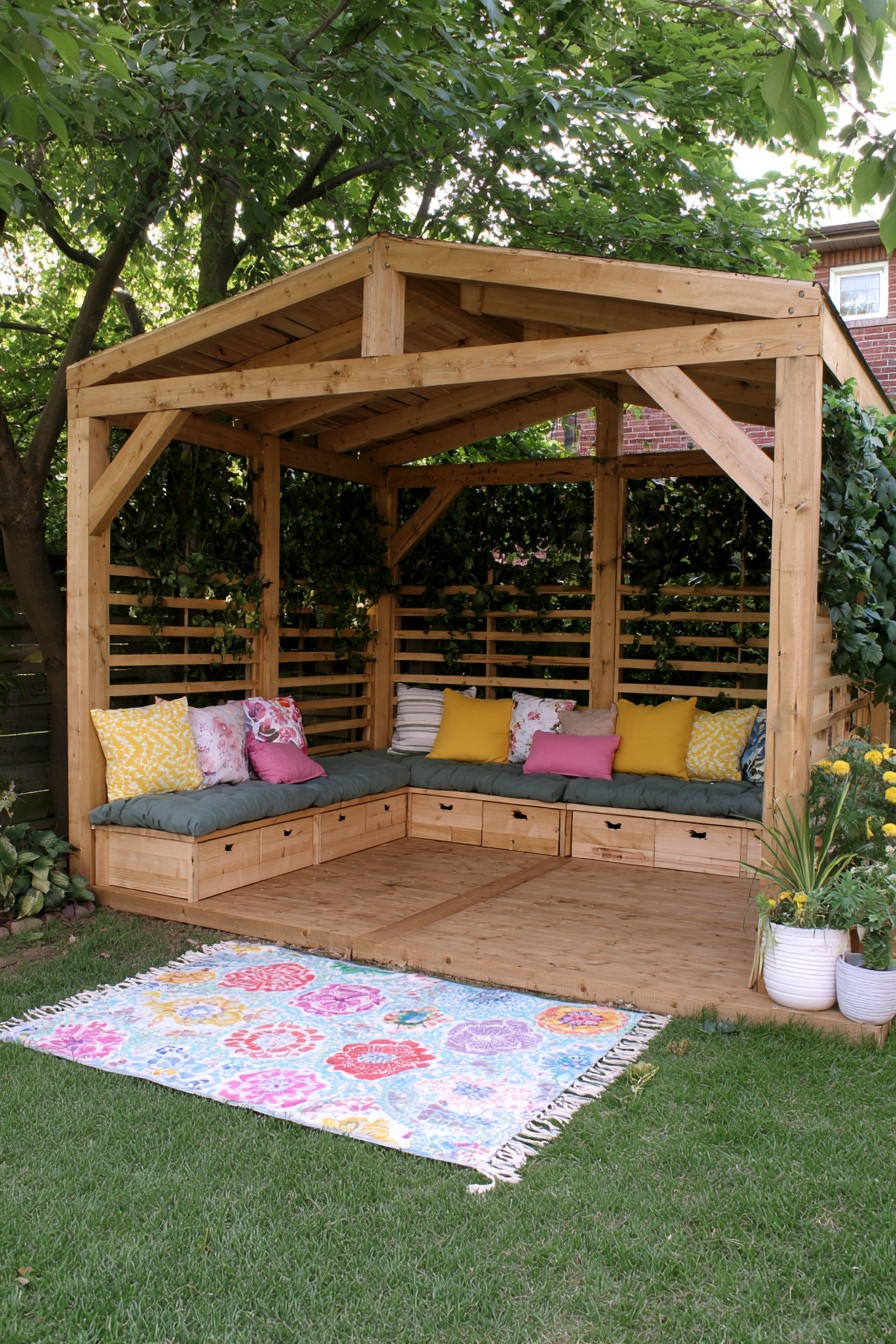 Covered garden bench with storage compartments beneath the seat