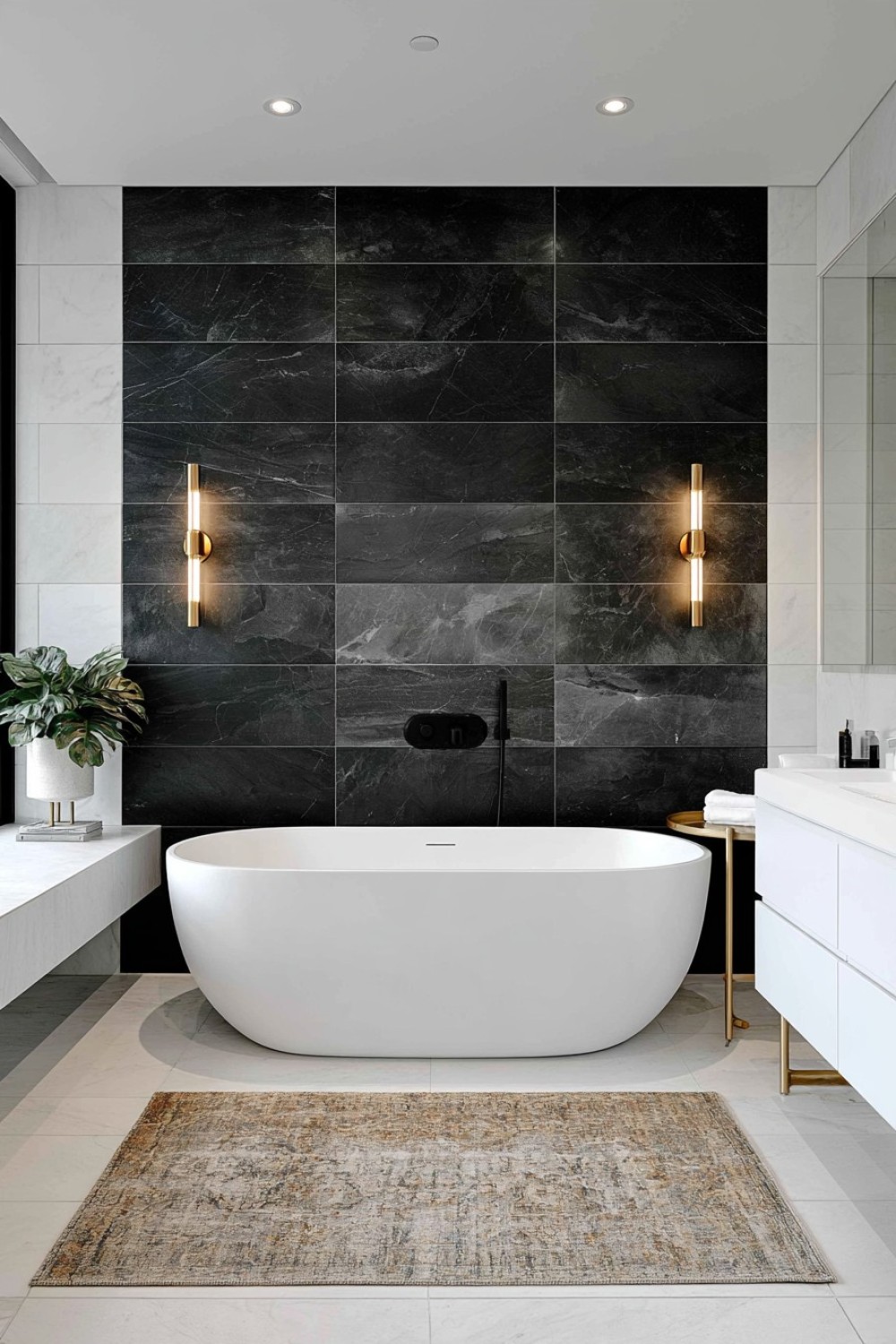 White freestanding bathtub positioned against a black bathroom wall