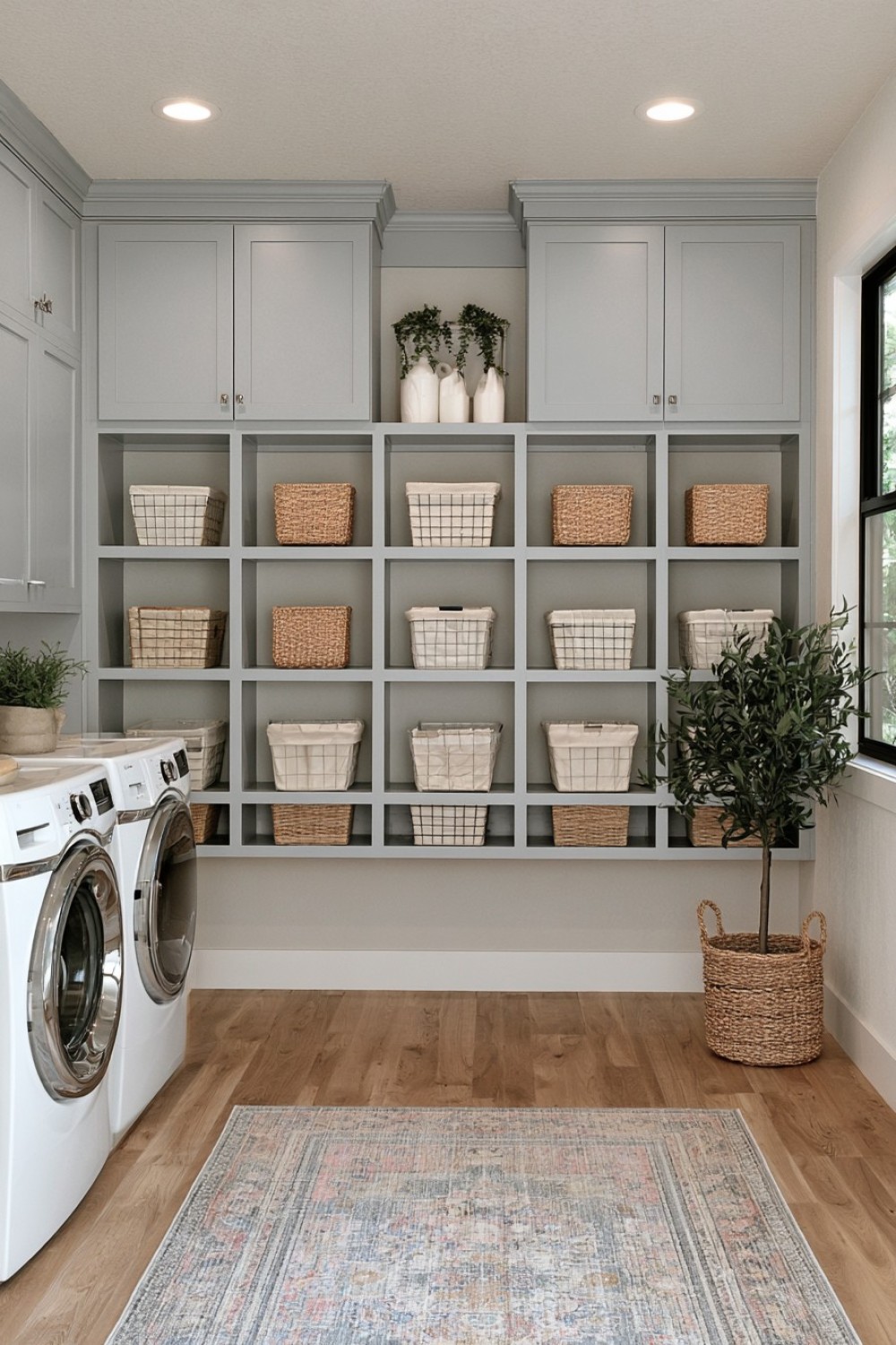 Vertical basement laundry sorting wall with removable hampers