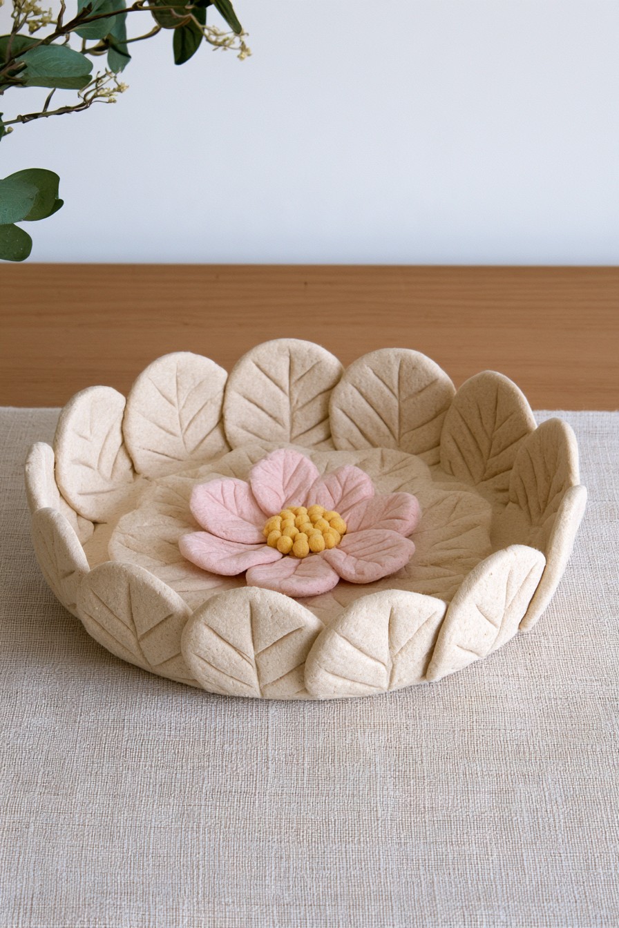 Decorative air dry clay floral bowl with layered leaves