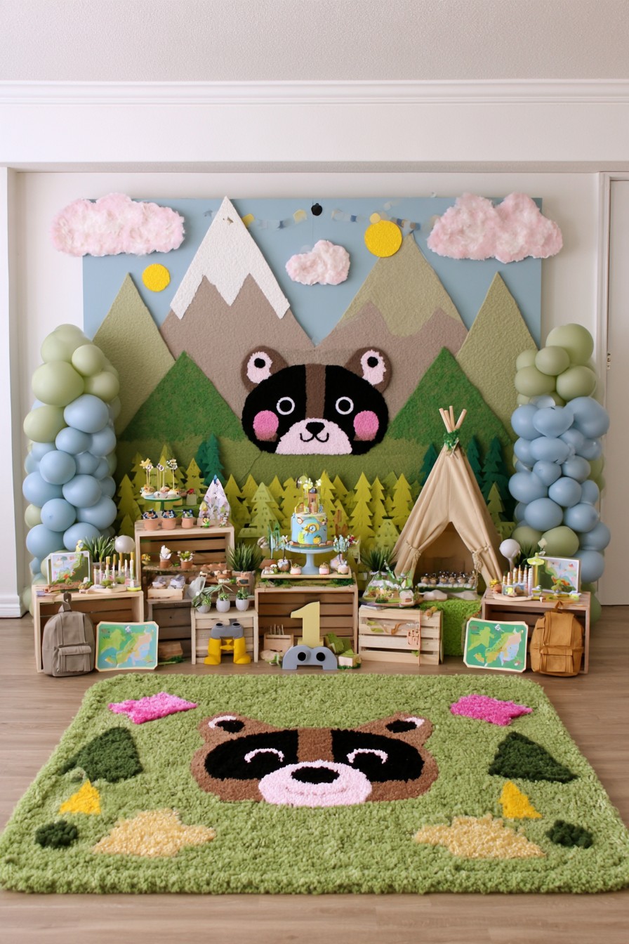 Woodland camping first birthday adventure corner