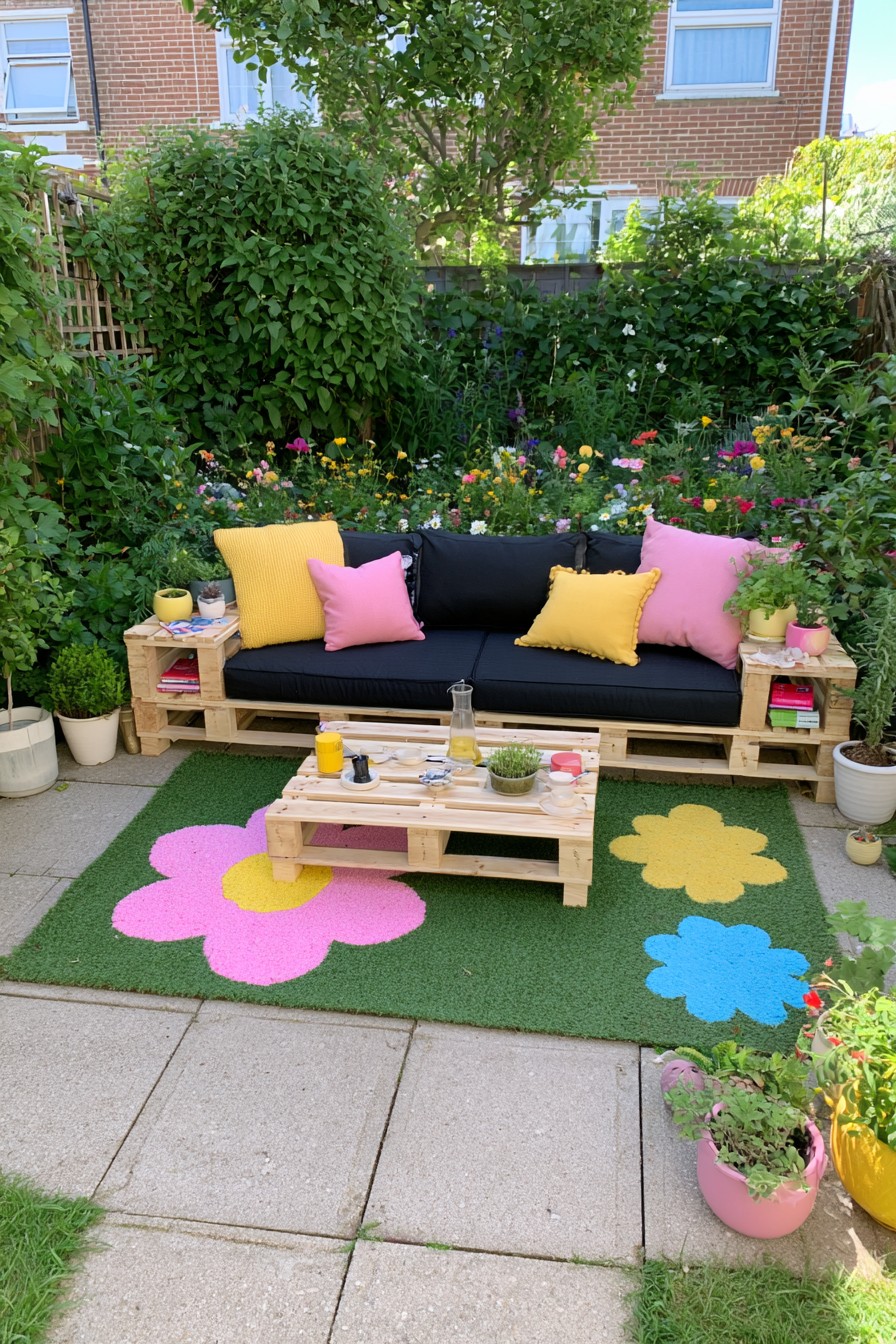 Pallet garden sofa with integrated open side shelves