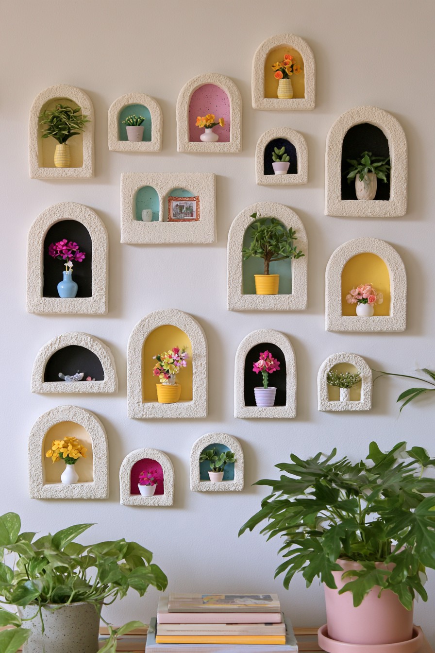 Miniature arched clay wall niches with botanical displays