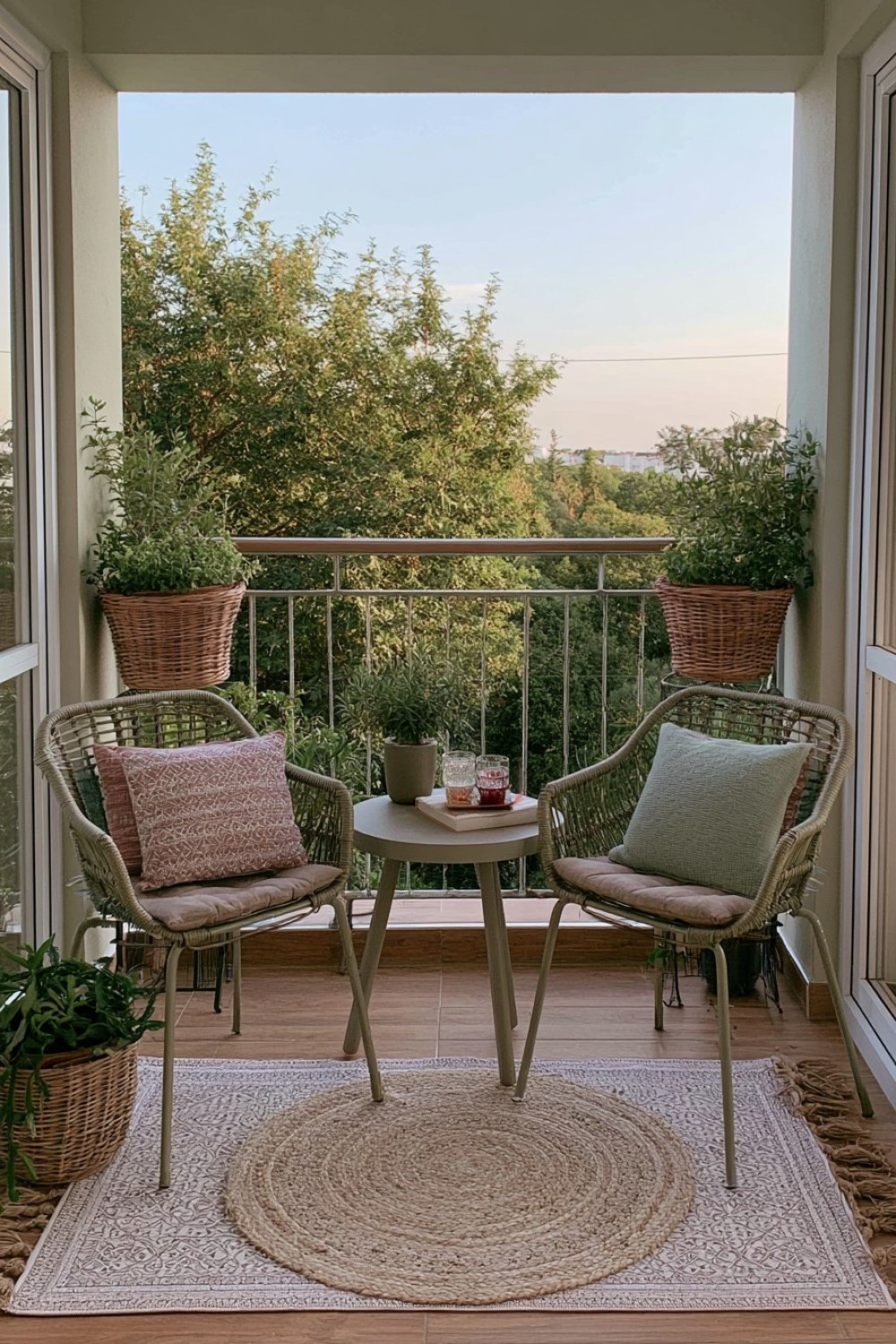 Balanced boutique-hotel-style apartment balcony arrangement