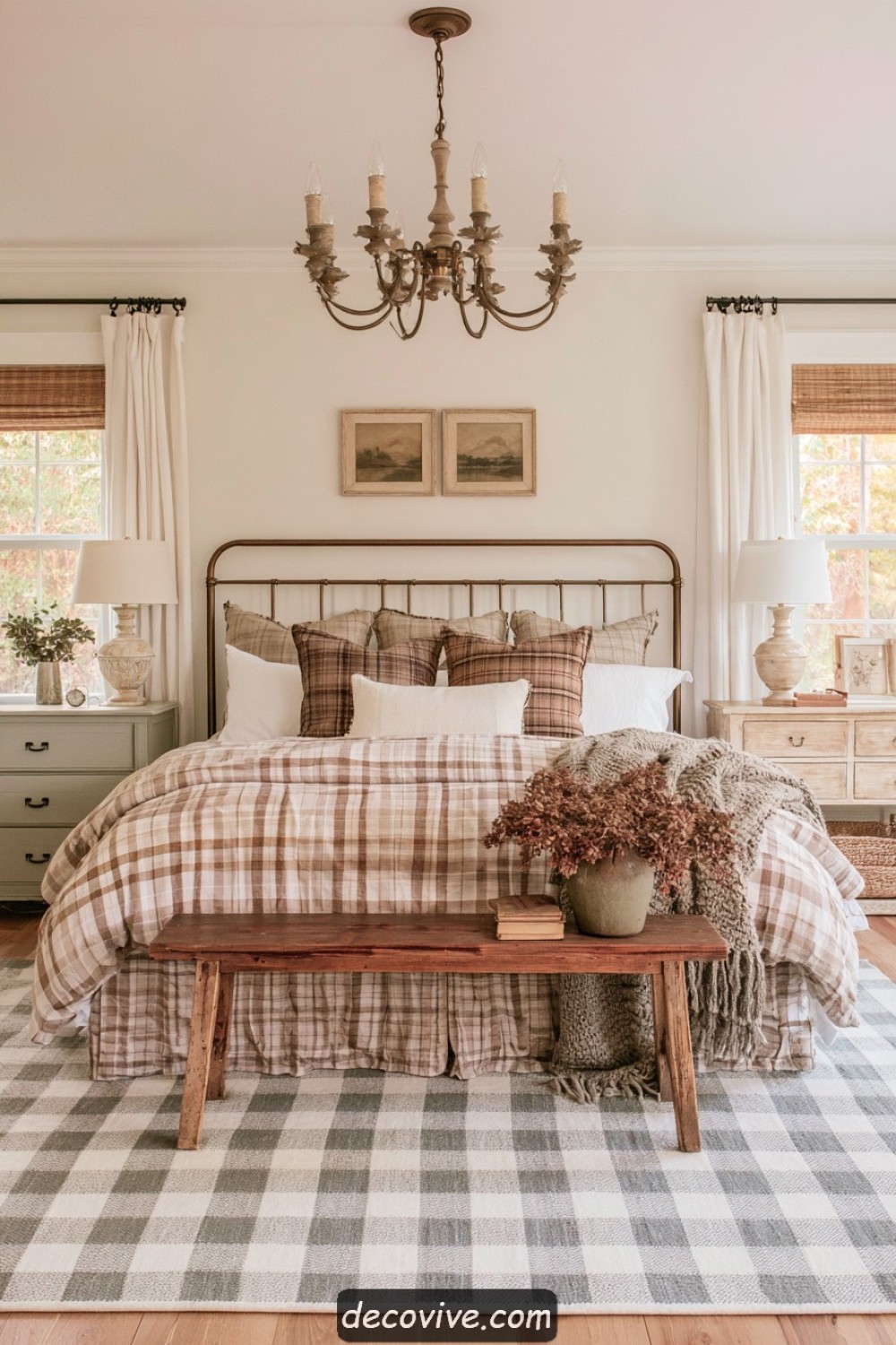 Subtle checked wool rug grounding a farmhouse bedroom