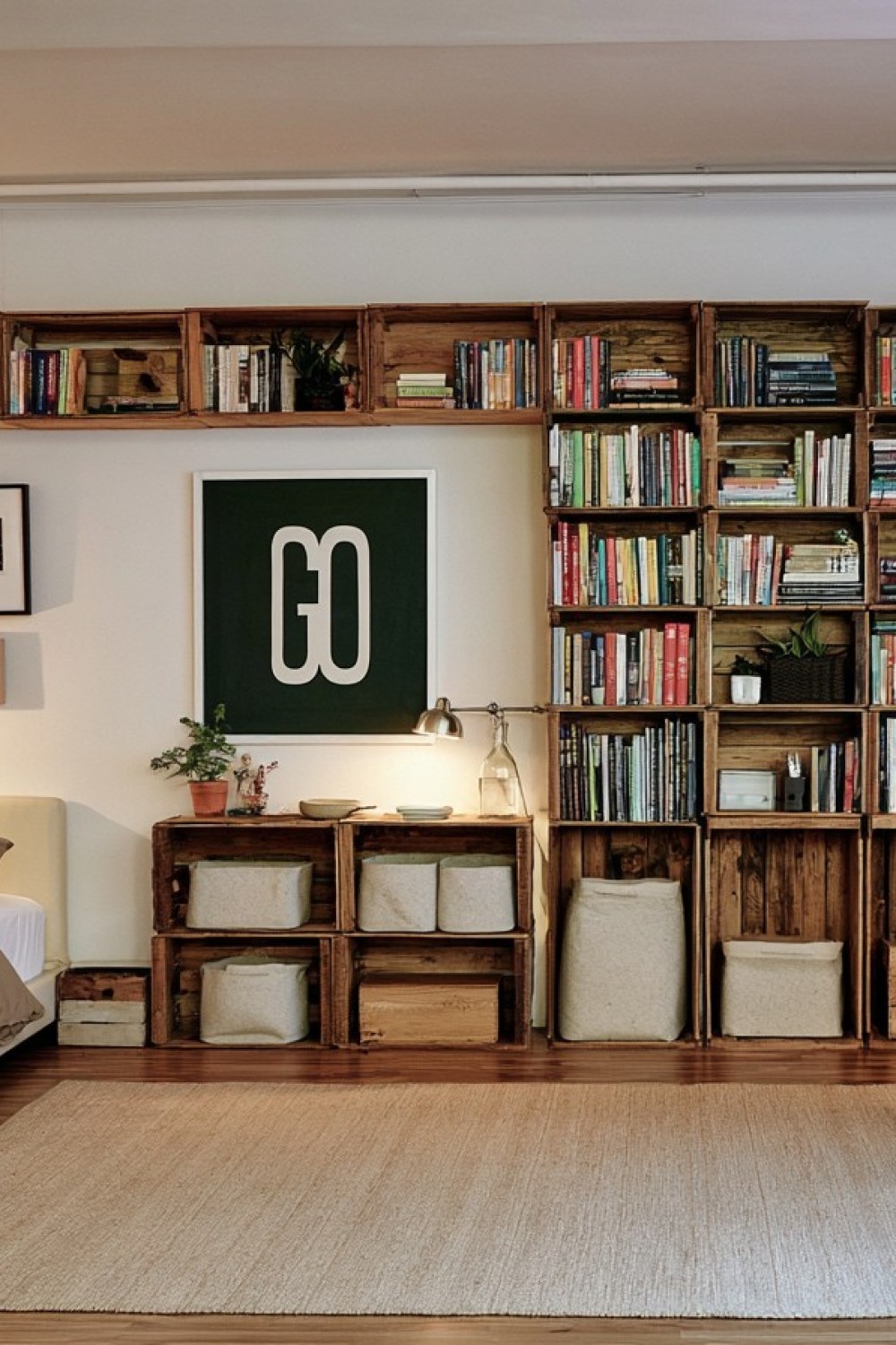 Secured wooden crate storage system in a multipurpose guest room