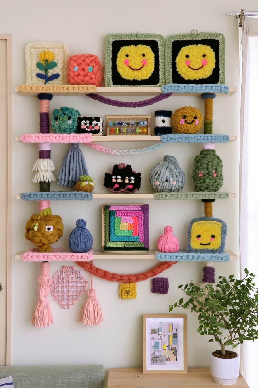 Open shelves styled with colorful yarn and crochet objects