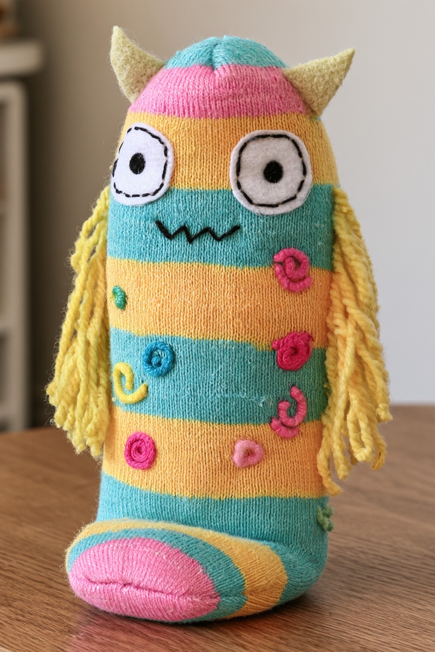 Turquoise, pink and yellow striped monster with mismatched eyes, yellow side hair and a zigzag mouth