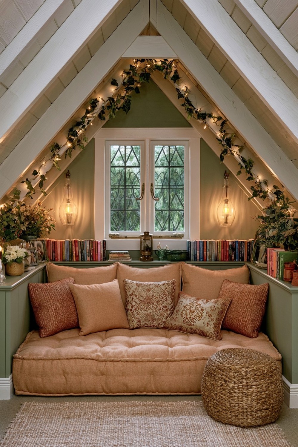 Low attic eave arranged as a floor-level reading den