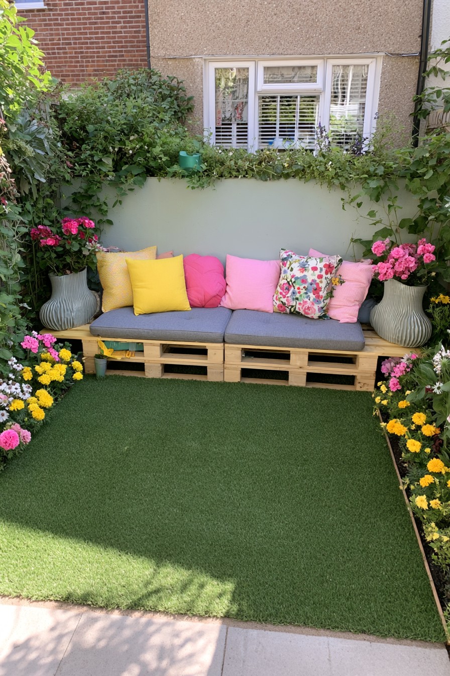 Straight pallet bench framed by large garden planters and flowers