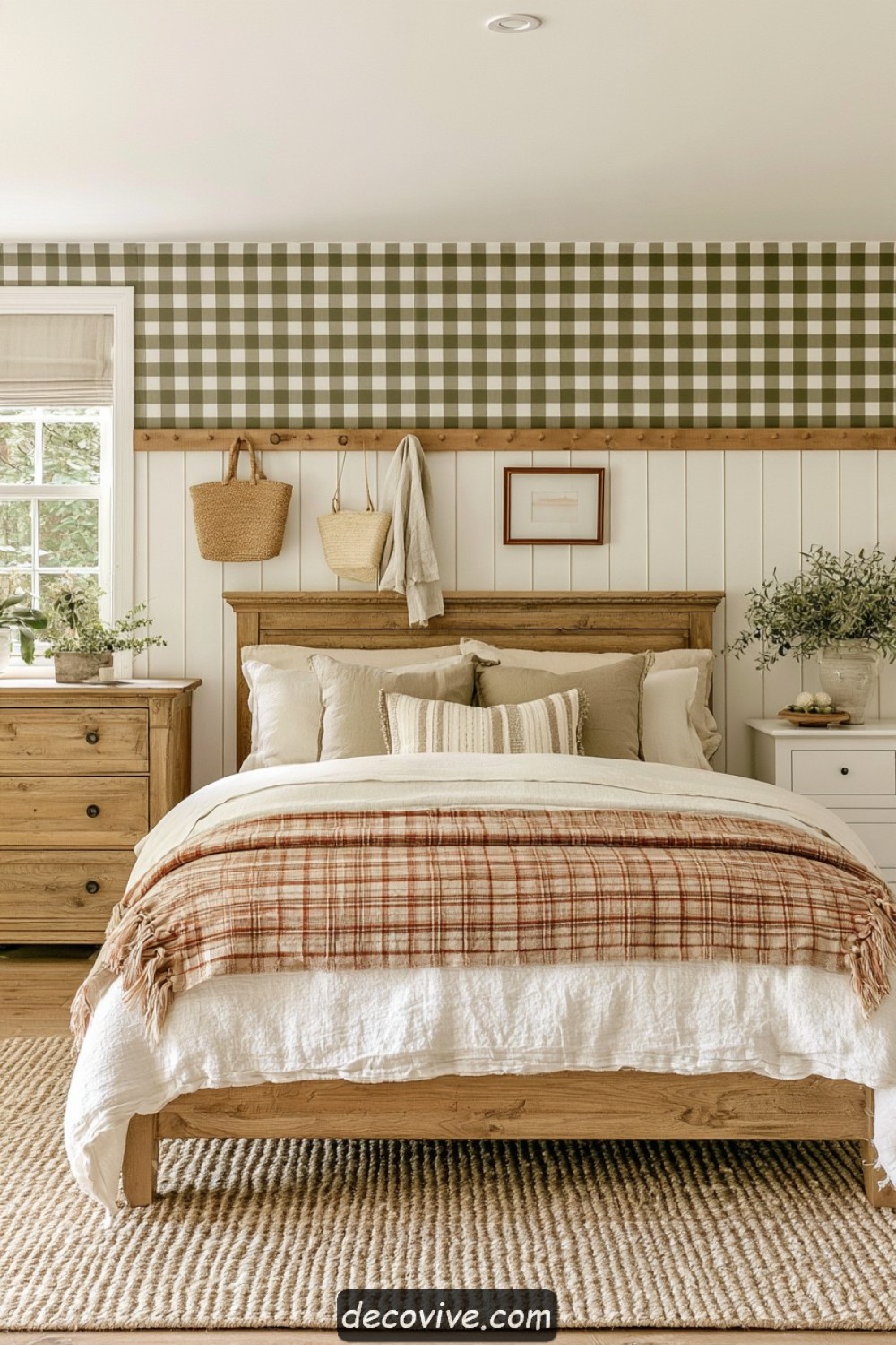 Long wooden peg rail providing practical farmhouse bedroom storage