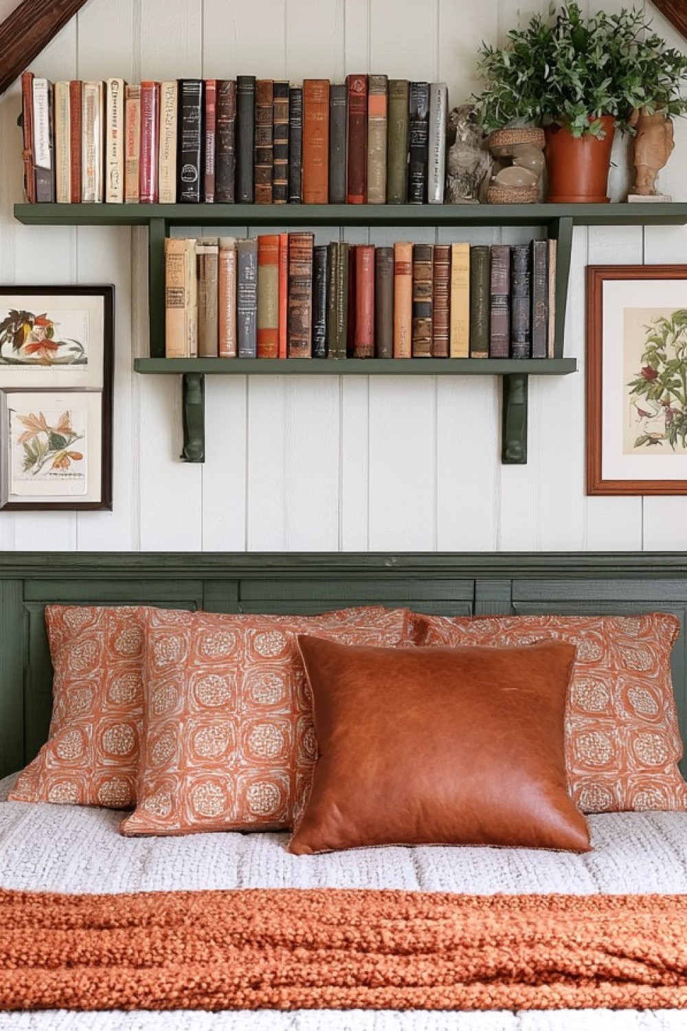 Dark academia attic bedroom with wood books and traditional colors