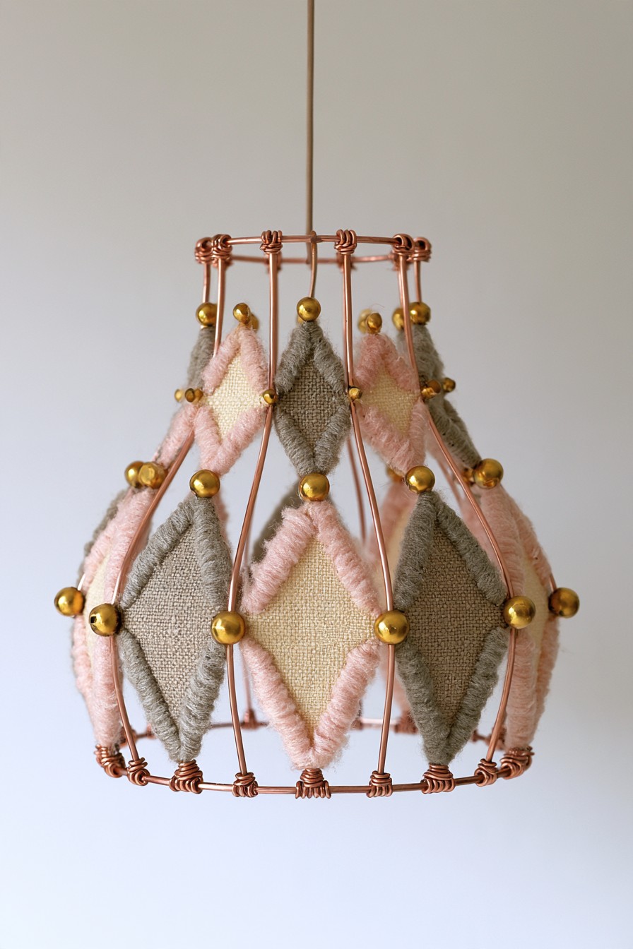 Copper wire pendant shade frame with woven textile panels