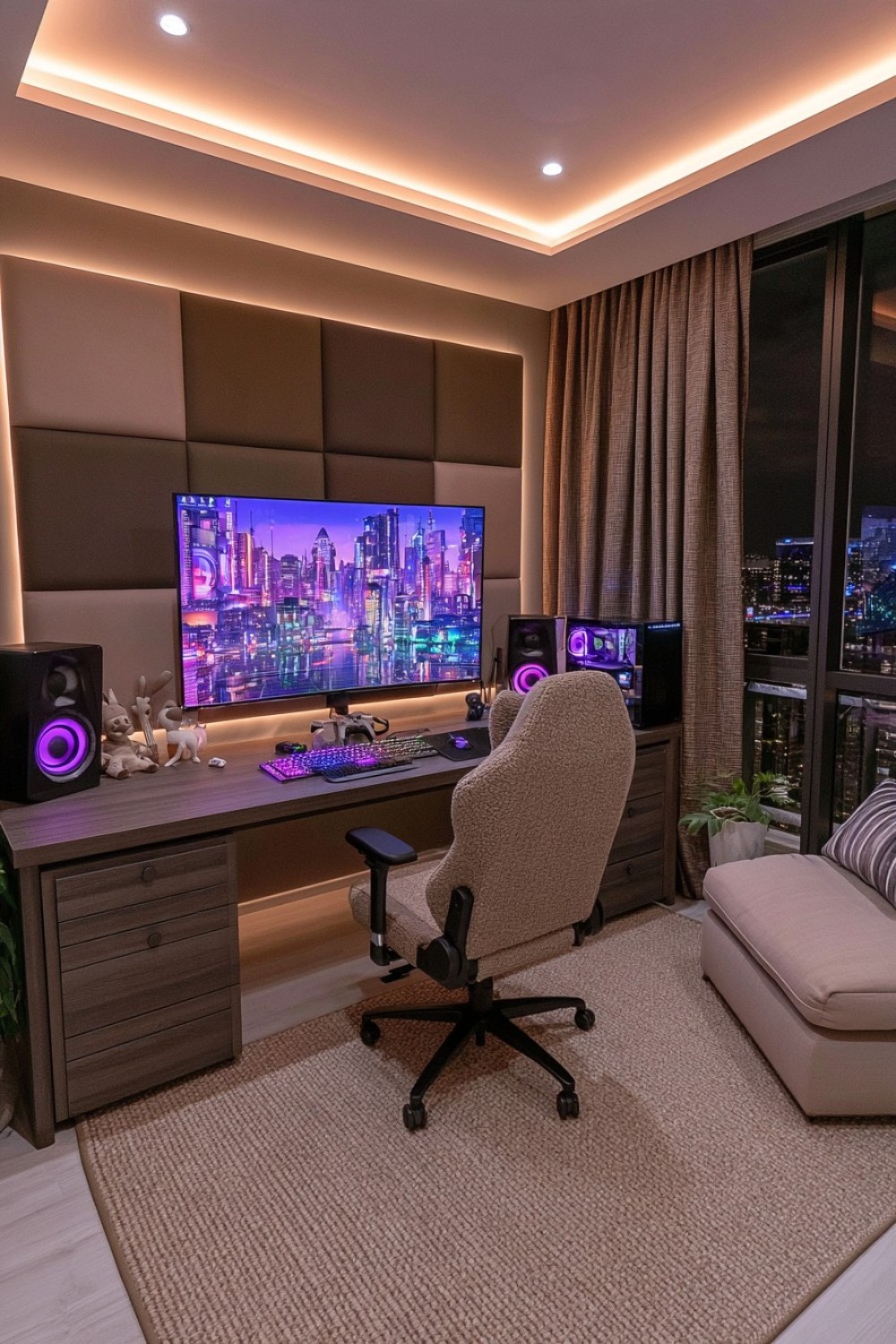 Adult gaming retreat with decorative fabric acoustic wall panels