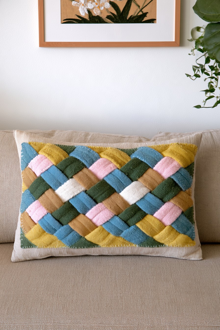 Braided fabric pillow with colorful woven textile bands