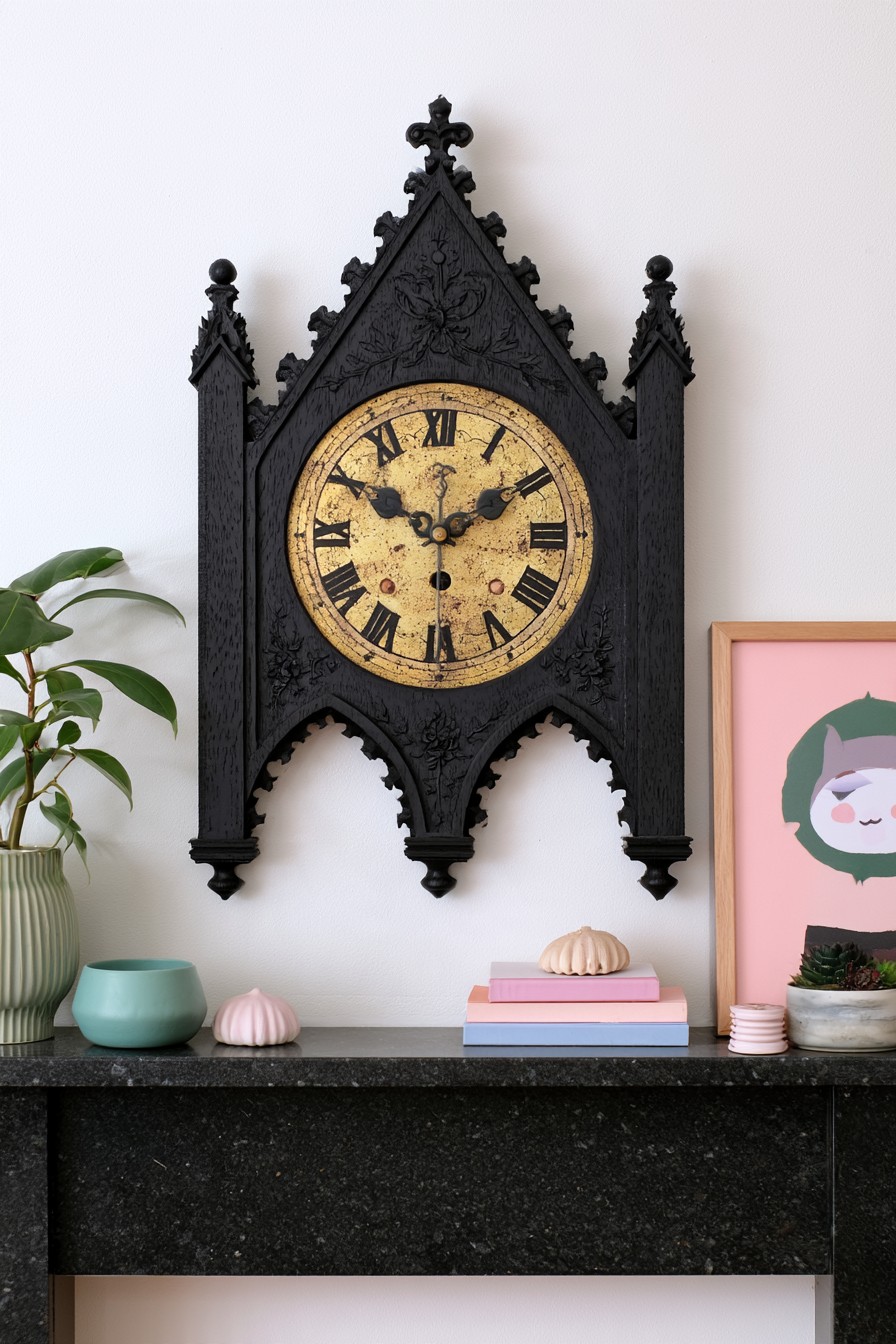 Black architectural wall clock with pointed pinnacles, an aged gold Roman numeral face, and open arches below
