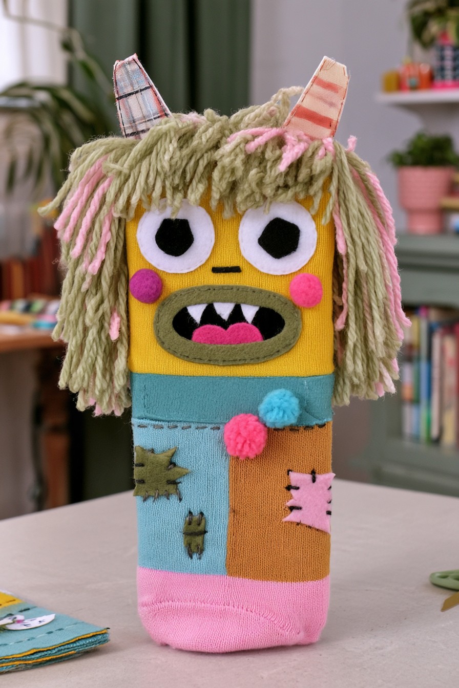 Colorful fabric monster with striped horns, yarn hair, patchwork panels and a toothy face