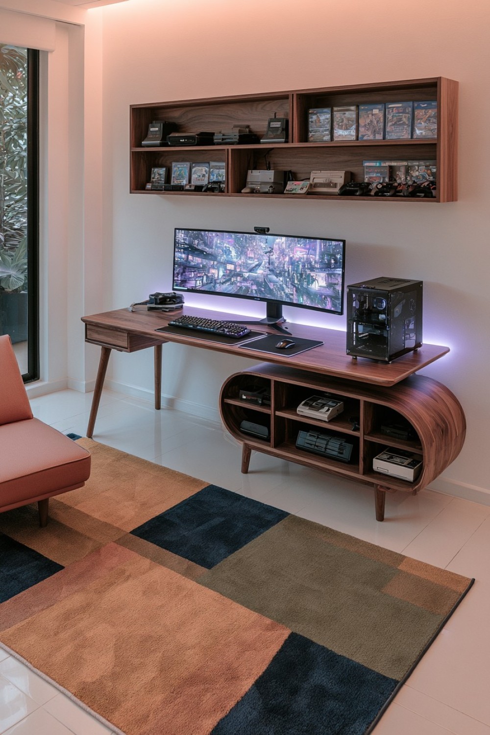Industrial gaming room featuring metal and dark wood furniture