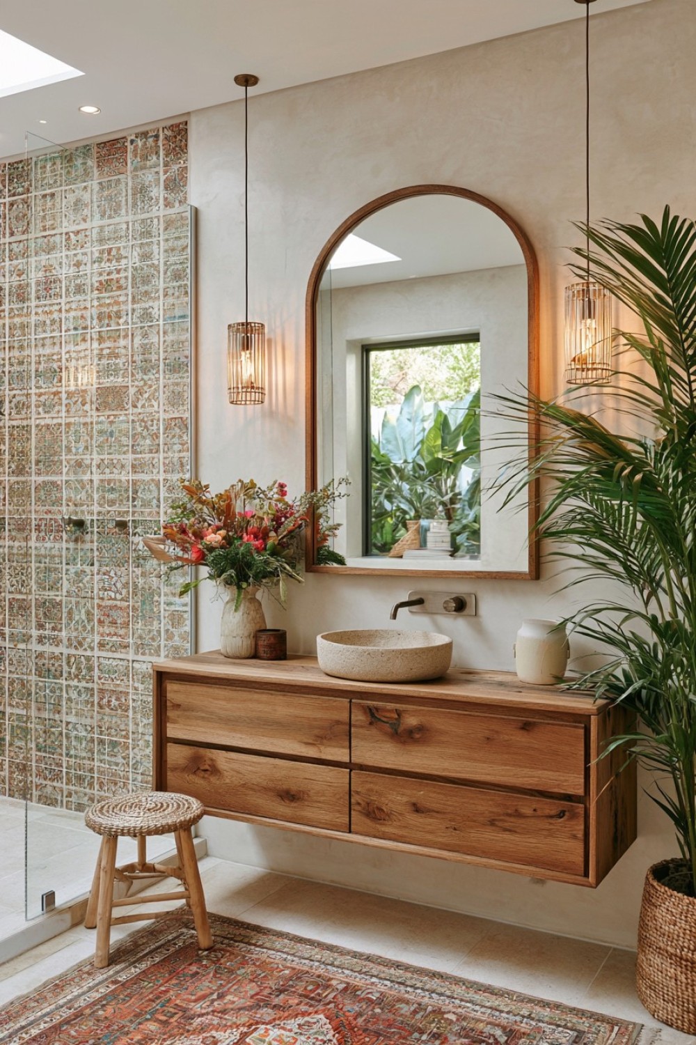 Tadelakt-inspired bathroom walls combined with natural timber furniture