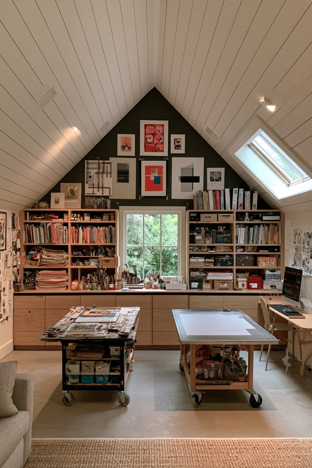 Multi-purpose attic studio with sliding creative workstations