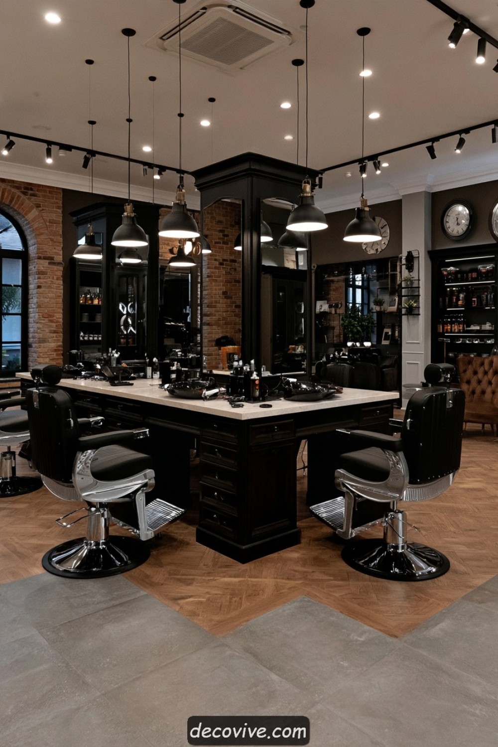 Central island barber station inside an open-plan studio