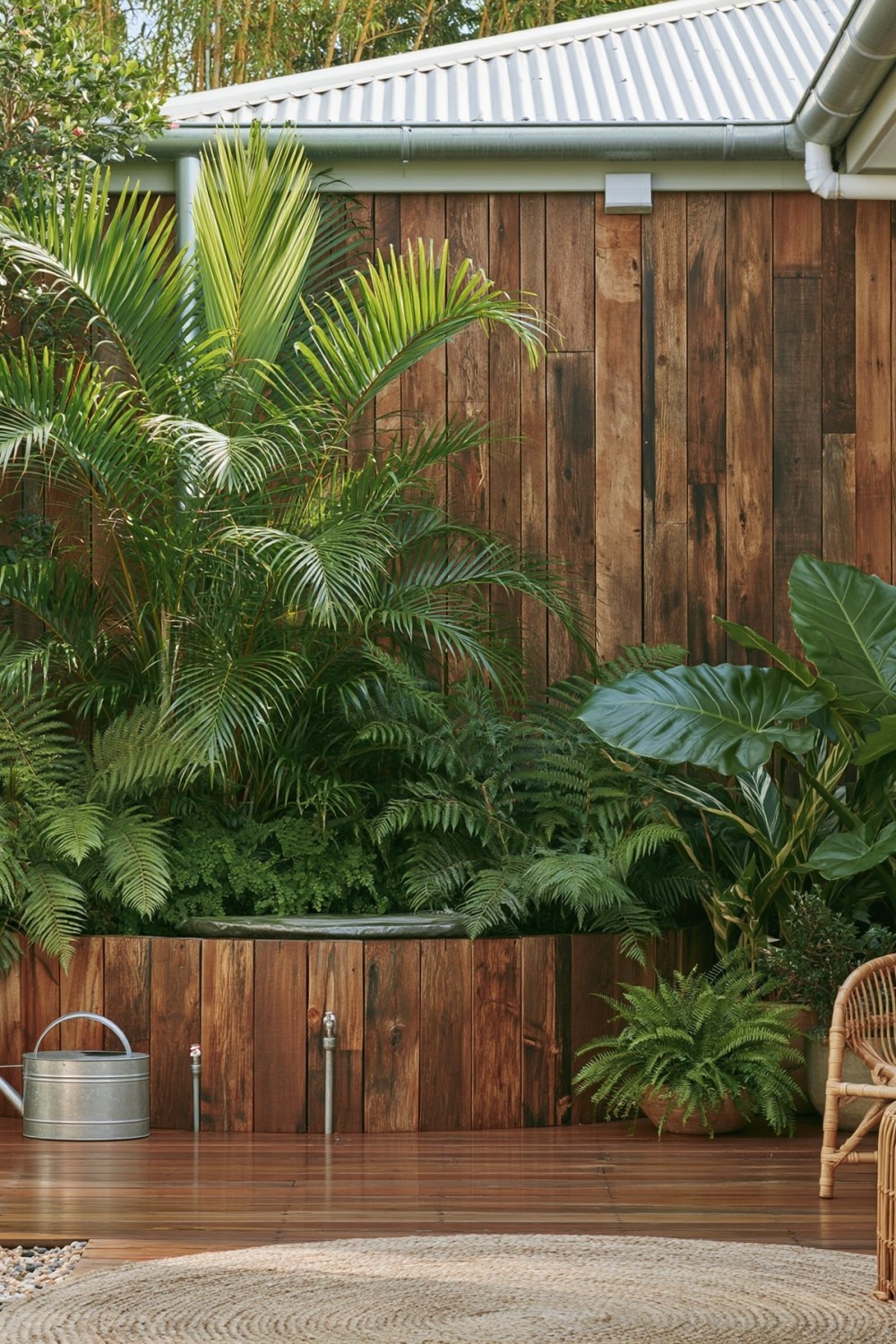 Covered rainwater container connected to a tropical patio watering system