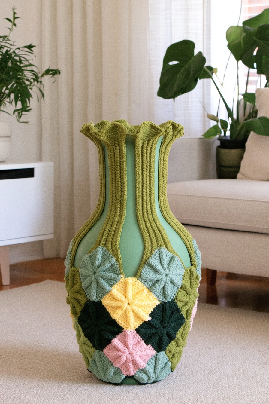 Decorative vase covered with layered green crochet textures