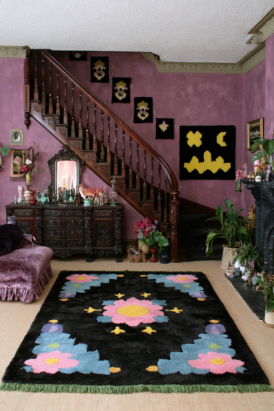 Dark wooden staircase against mauve walls with small graphic artworks, a carved sideboard, and a black floral rug