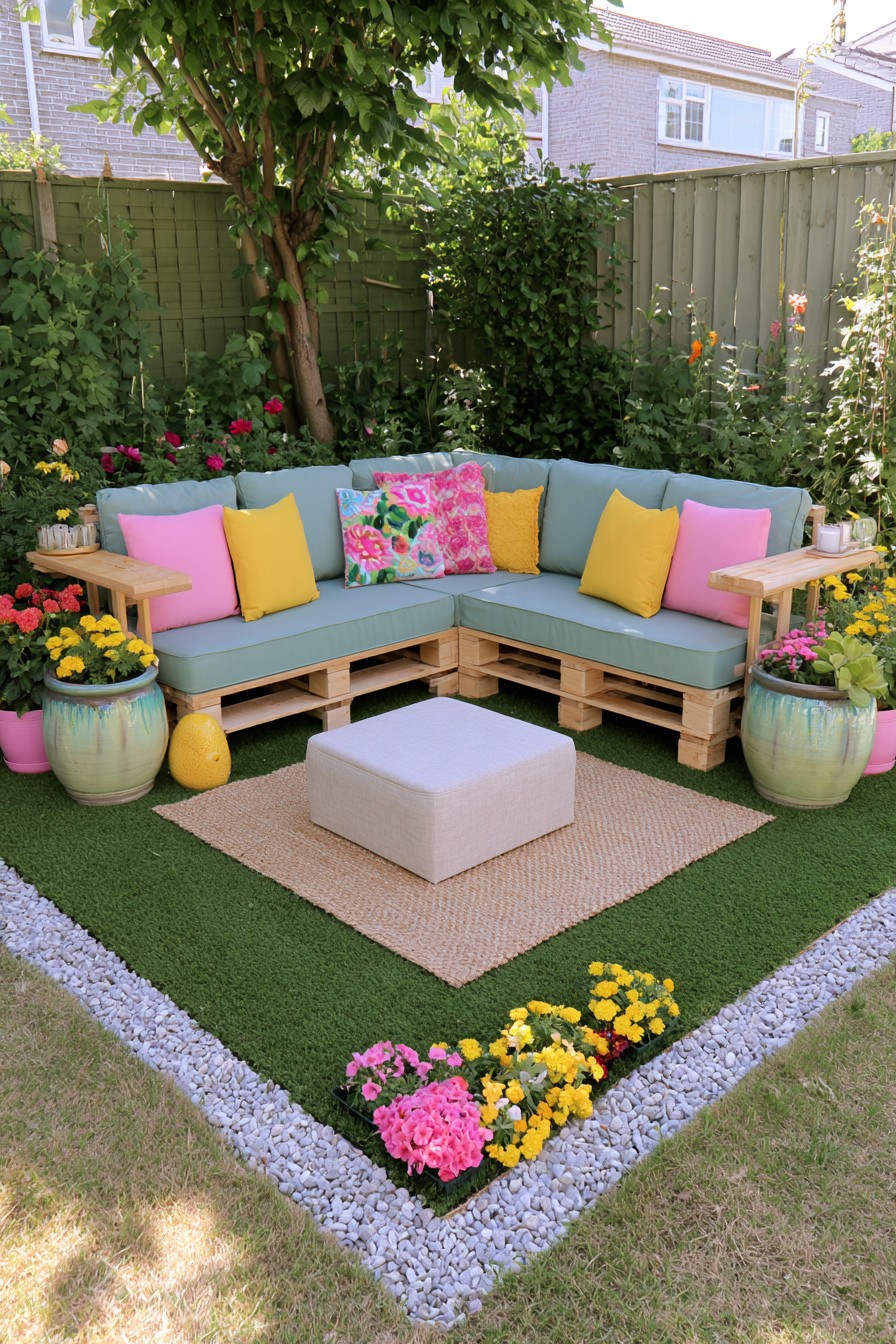 Pallet corner lounge with integrated timber side tables