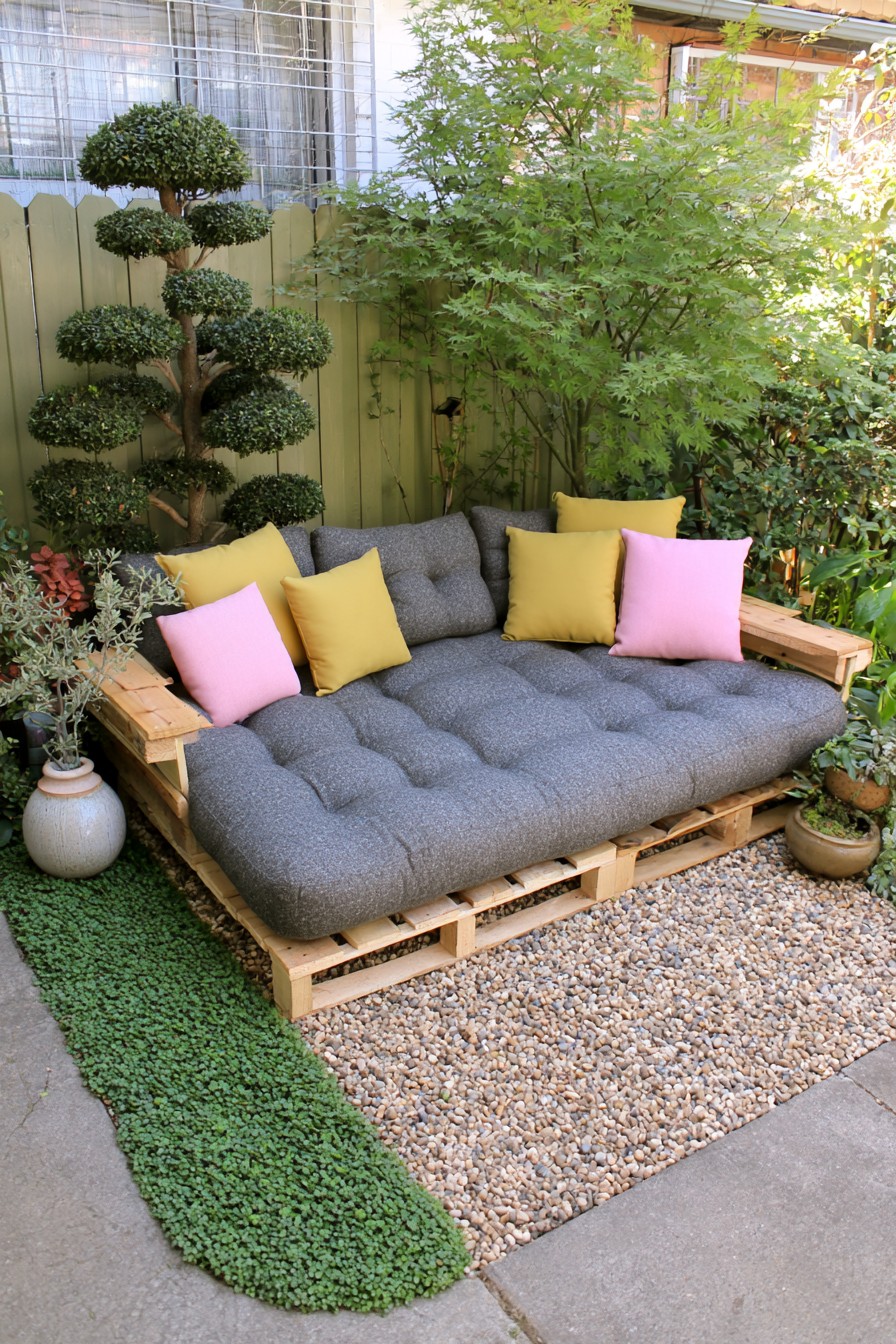Deep charcoal cushioned pallet daybed with a timber side ledge
