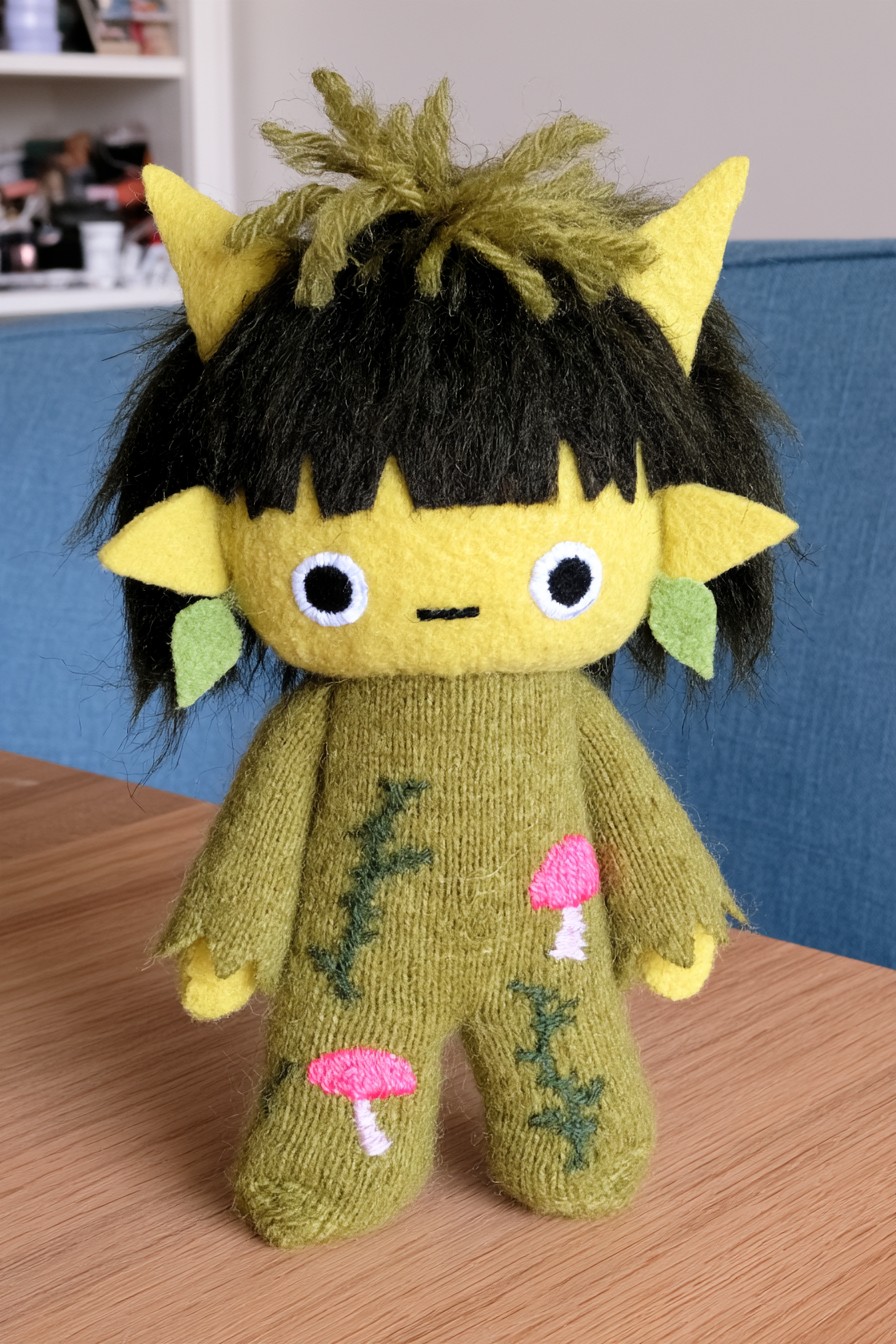 Olive forest sprite character with dark yarn hair, yellow face and mushroom and vine details