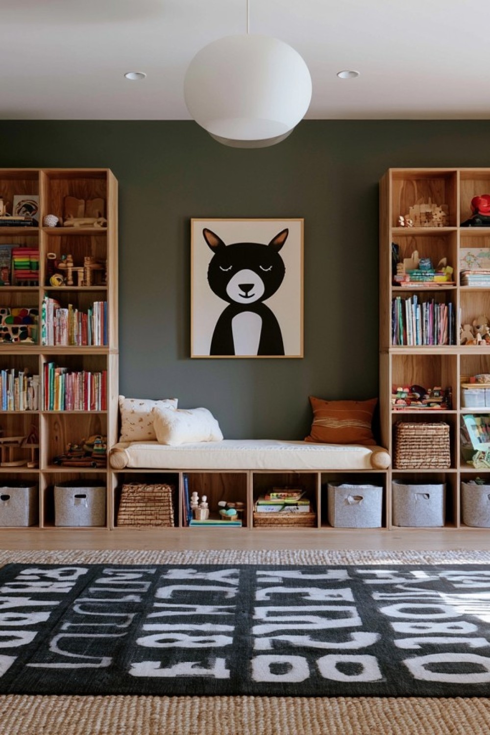 Low accessible toy and book storage securely installed in a child's room