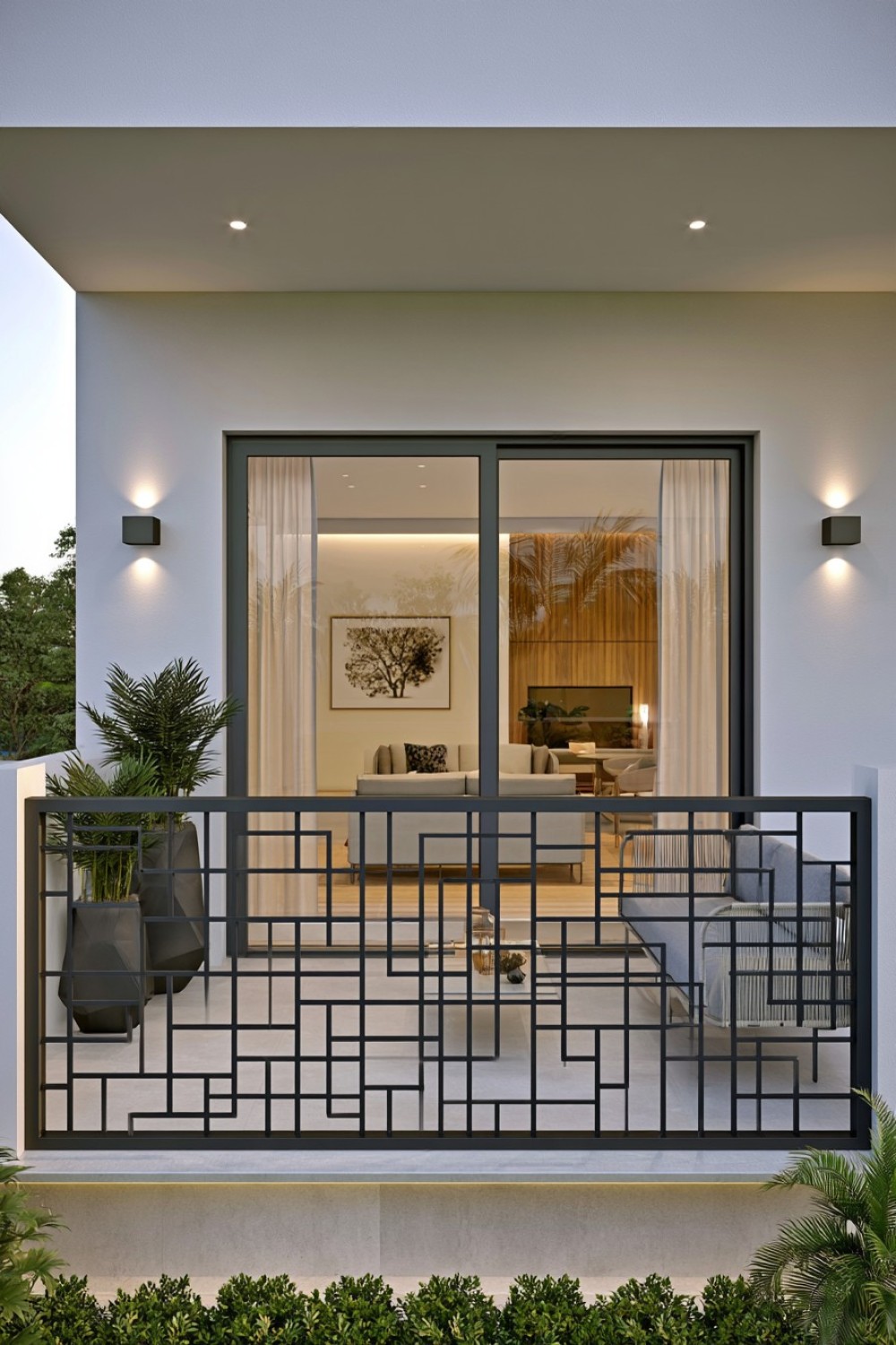Asymmetrical metal grid forming an artistic urban balcony railing
