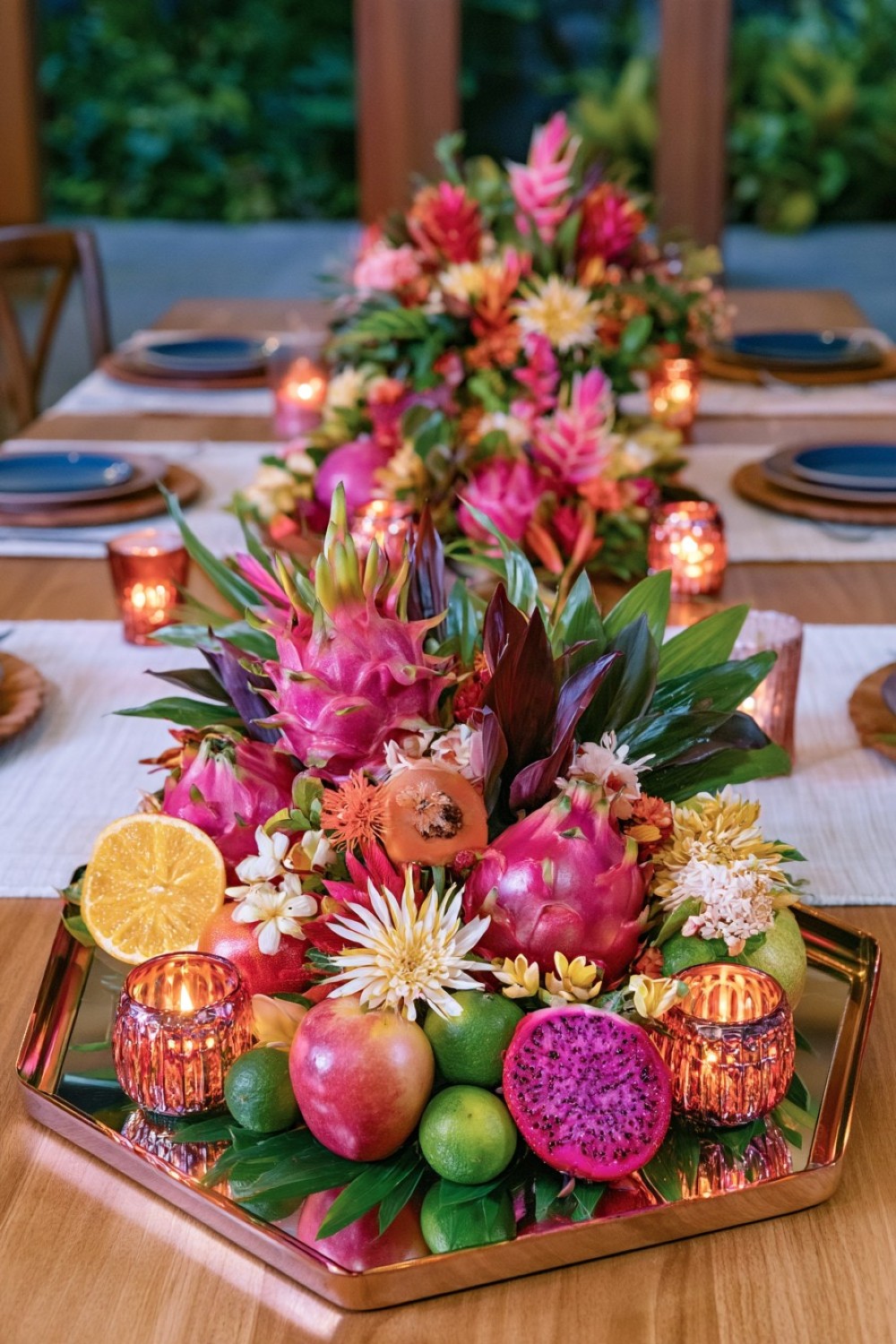13. Reflective Tropical Fruit Centerpiece