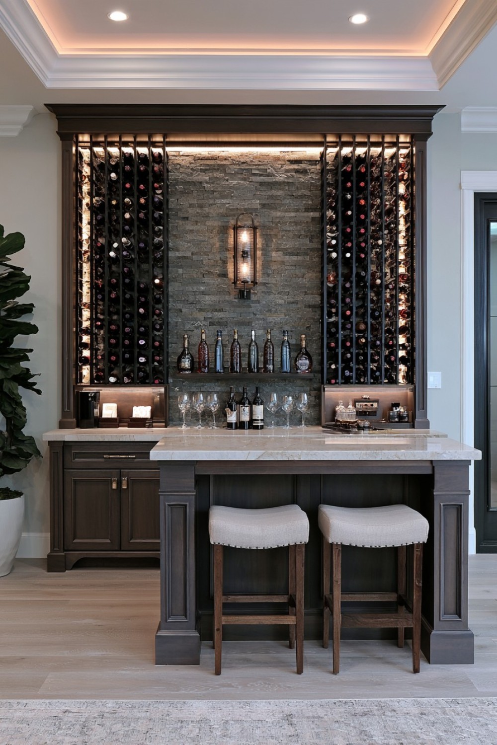 Organized wine display wall beside a basement serving counter