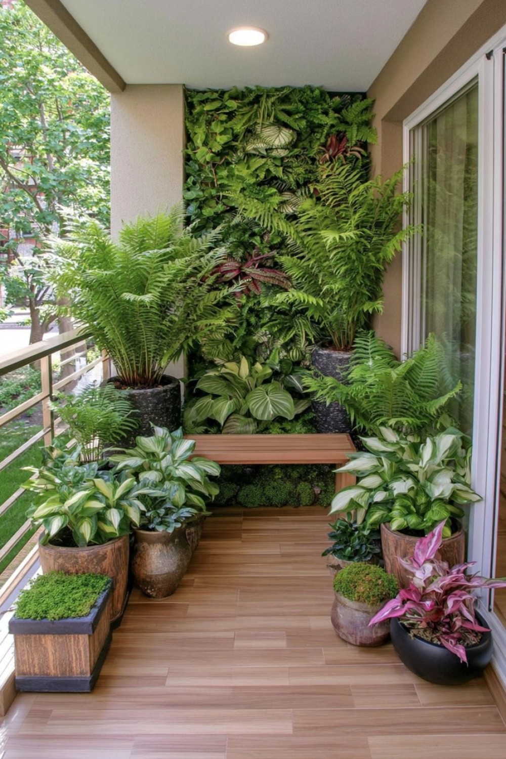 Shaded woodland-style balcony garden with ferns and foliage