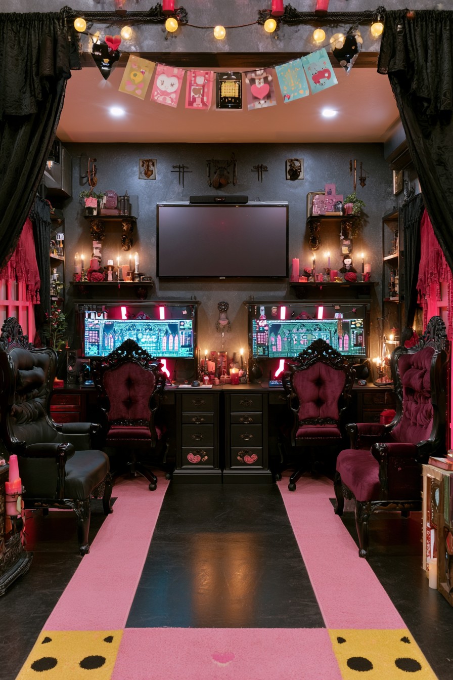 Gothic gaming alcove with two burgundy desk chairs, black carved furniture, pink drapery accents, and a television above the monitors