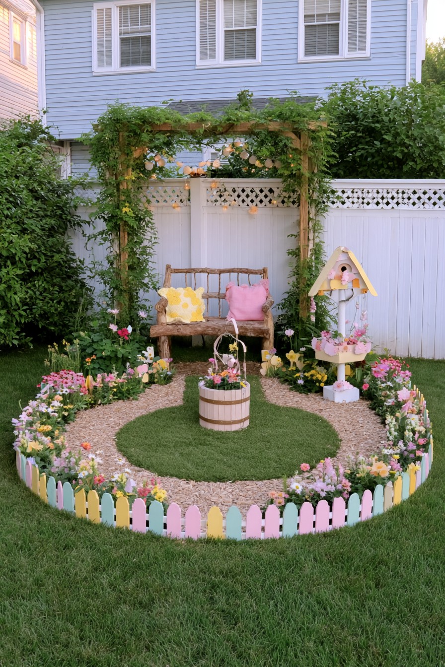 Circular garden nook with a central wooden barrel-shaped planter, flower border, and rear bench