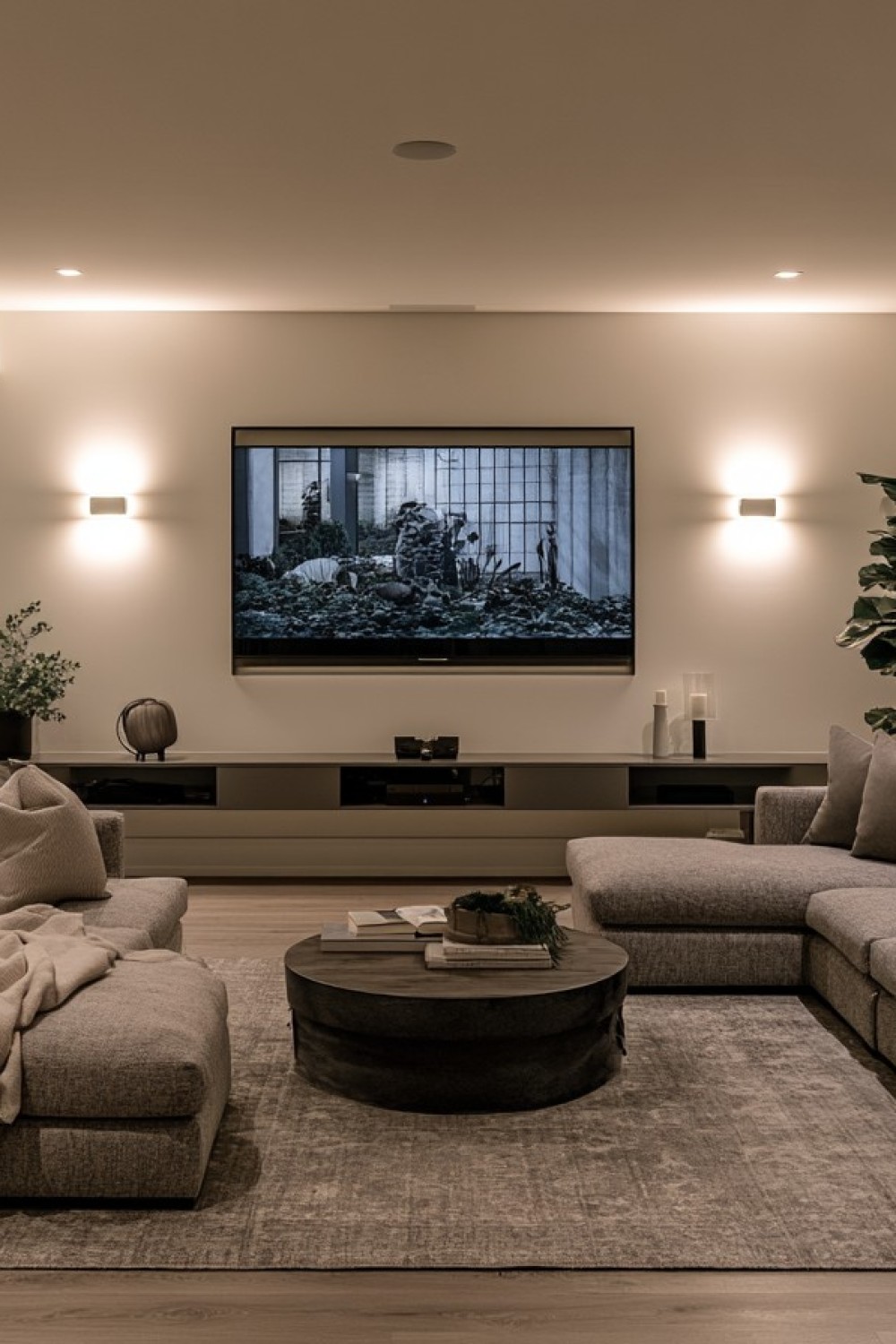 Minimal basement media area with organized equipment and seating