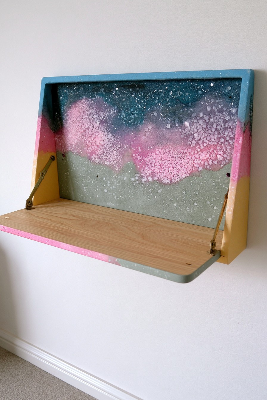 Fold down wall desk with teal pink green mustard and blue abstract painted panel