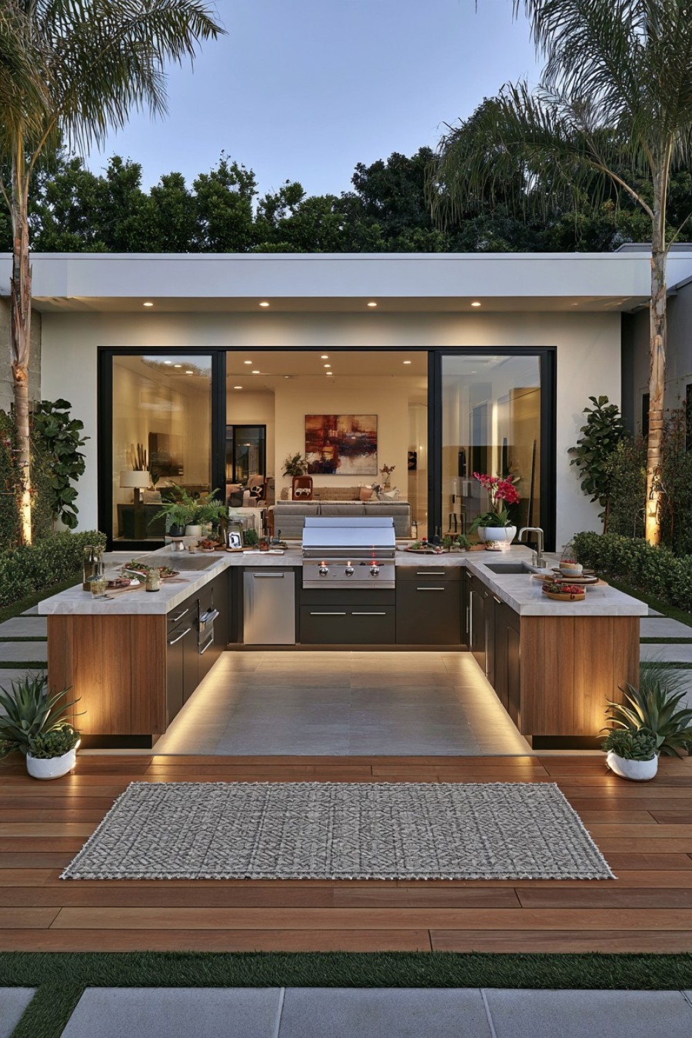 Galley-style outdoor kitchen arranged along a narrow patio