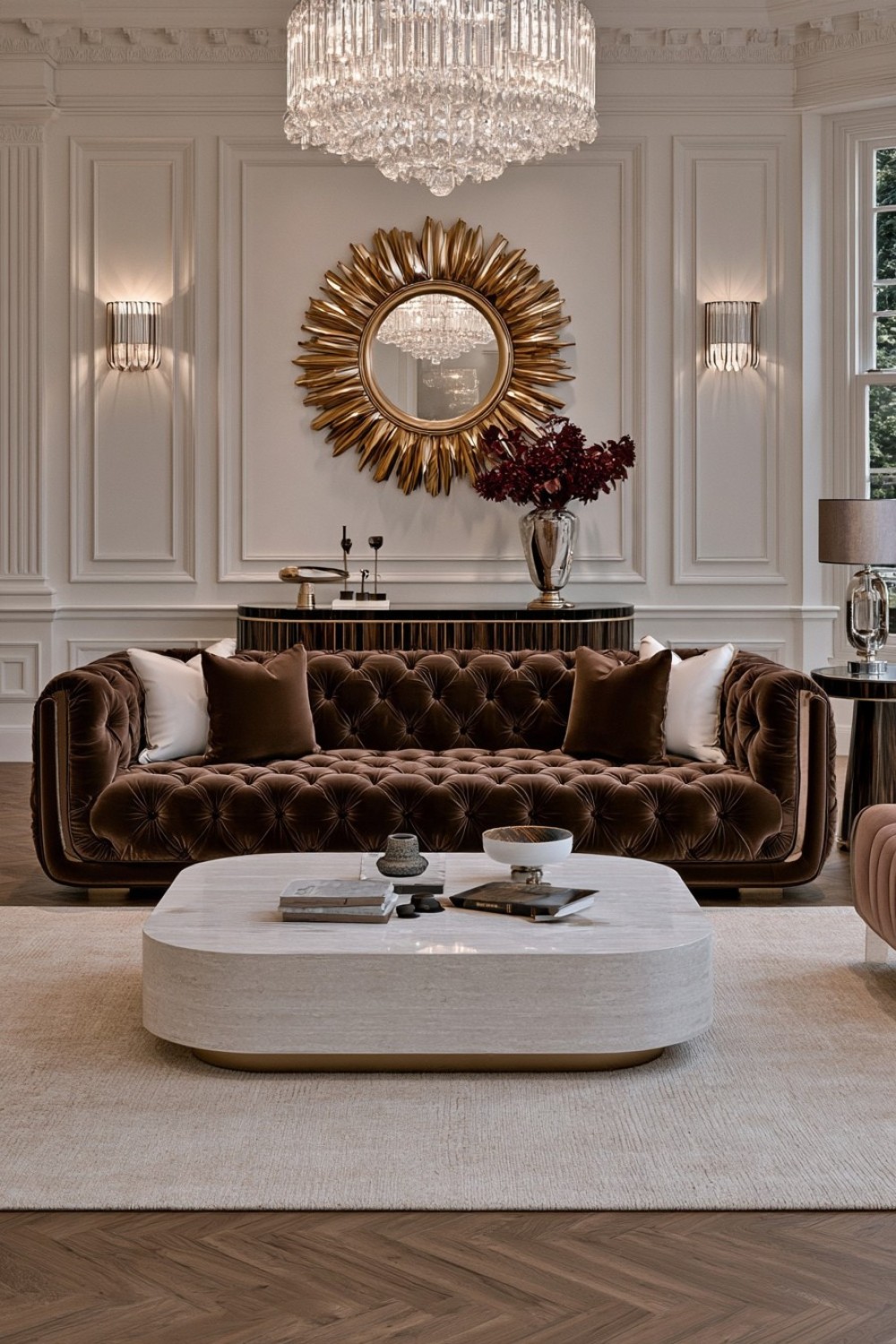 Chocolate velvet sofa paired with cream architectural living room walls