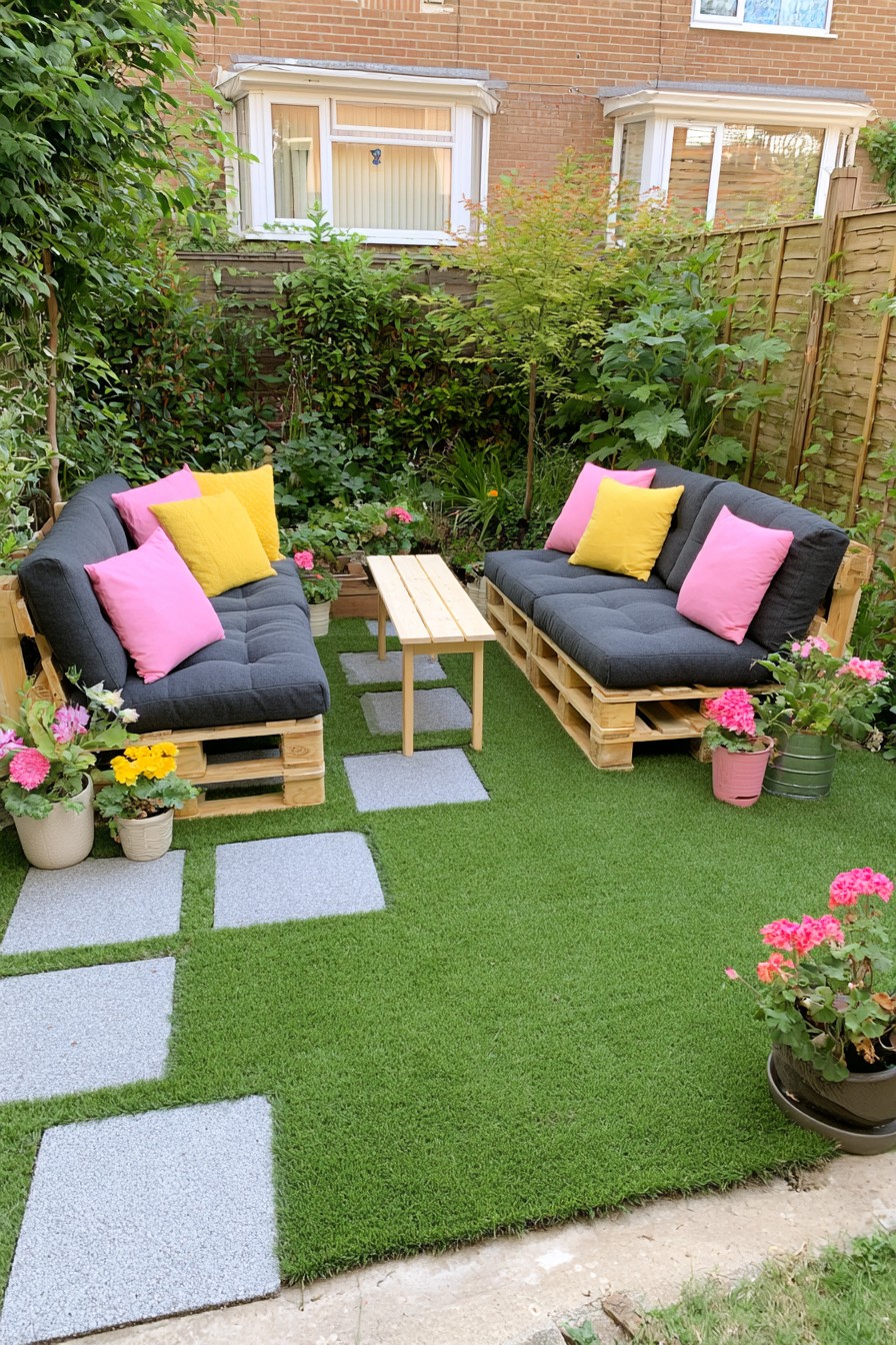 Facing pallet sofas arranged as a garden conversation area