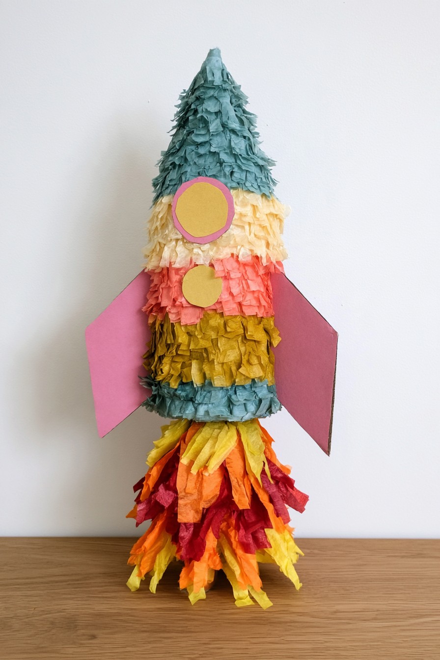 Colorful rocket piñata with paper windows and flame streamers