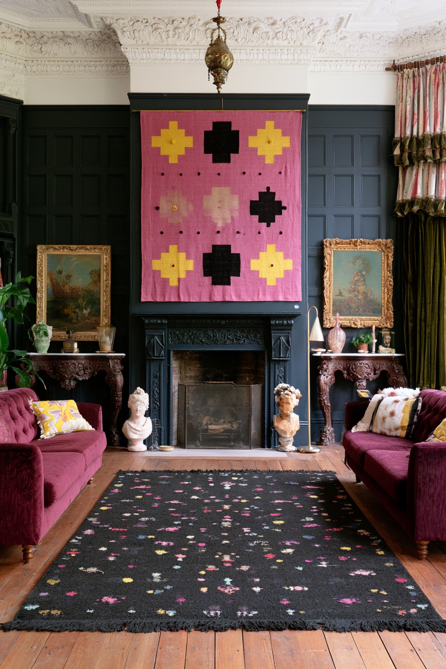 Pink geometric wall textile above a black fireplace, with burgundy sofas, side landscape paintings, and a dark patterned rug