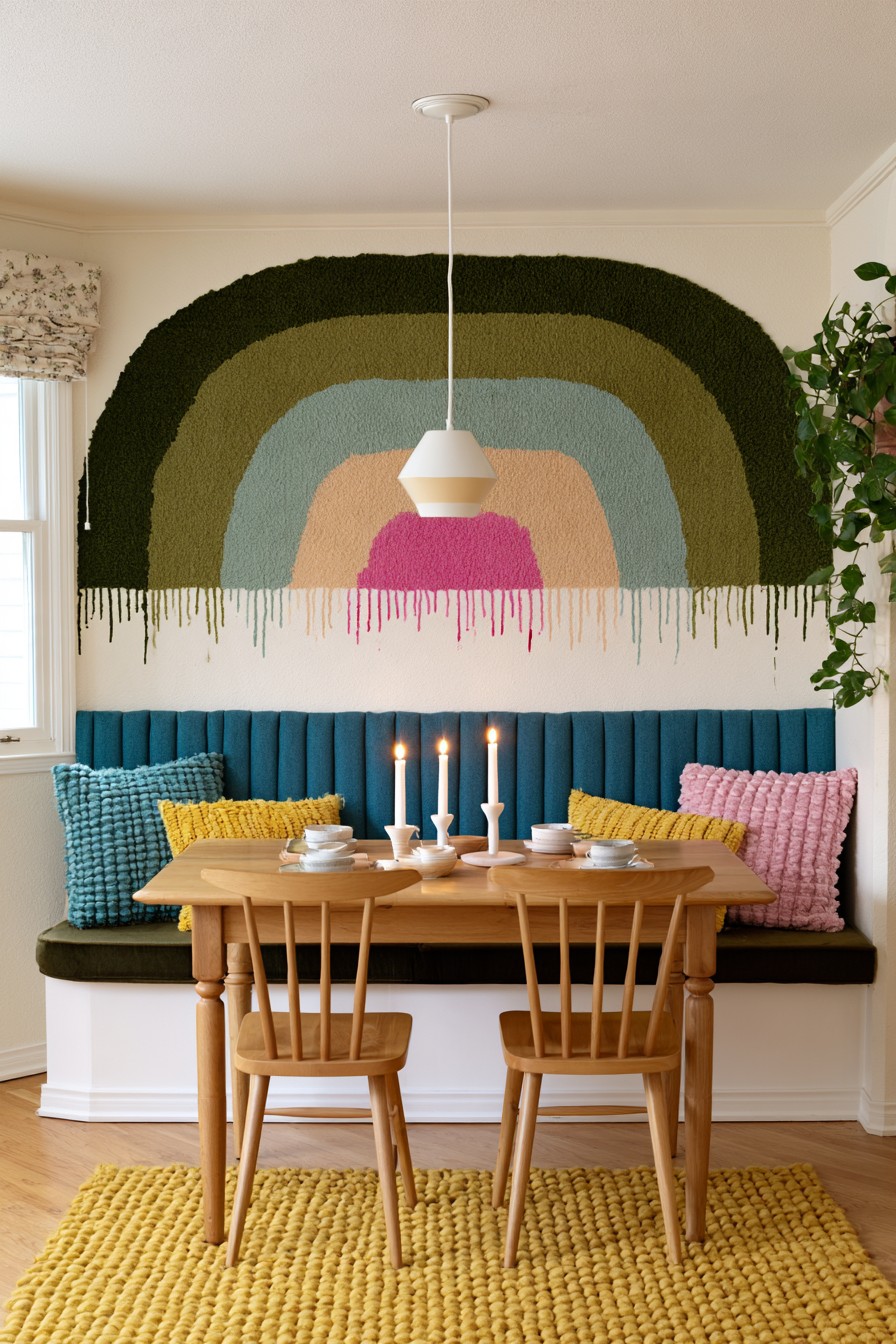 Retro olive green blue beige and pink rainbow dining nook mural