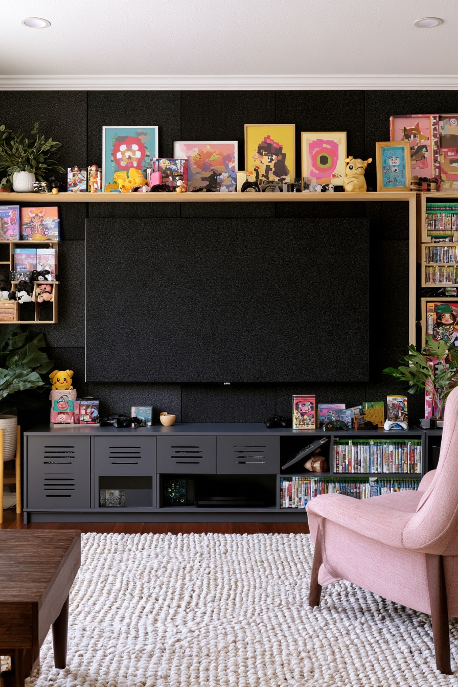 Black television wall with timber display shelves, dark low cabinets, a pink lounge chair, and a pale textured rug
