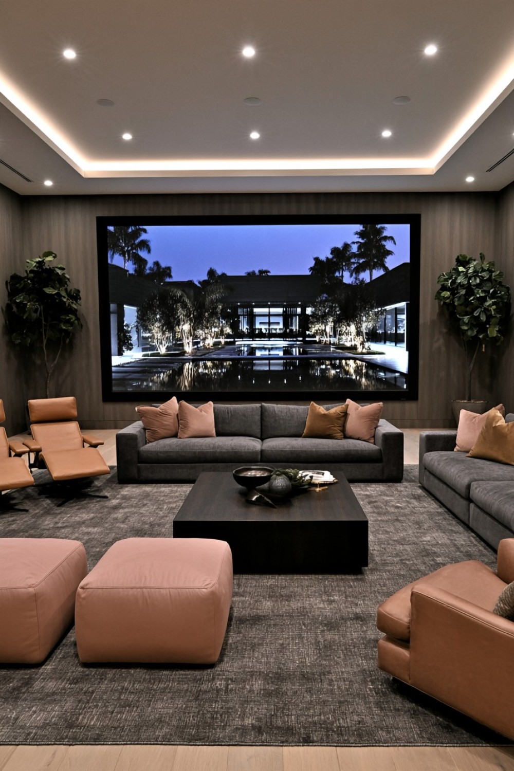 Boutique basement cinema combining several comfortable seating styles