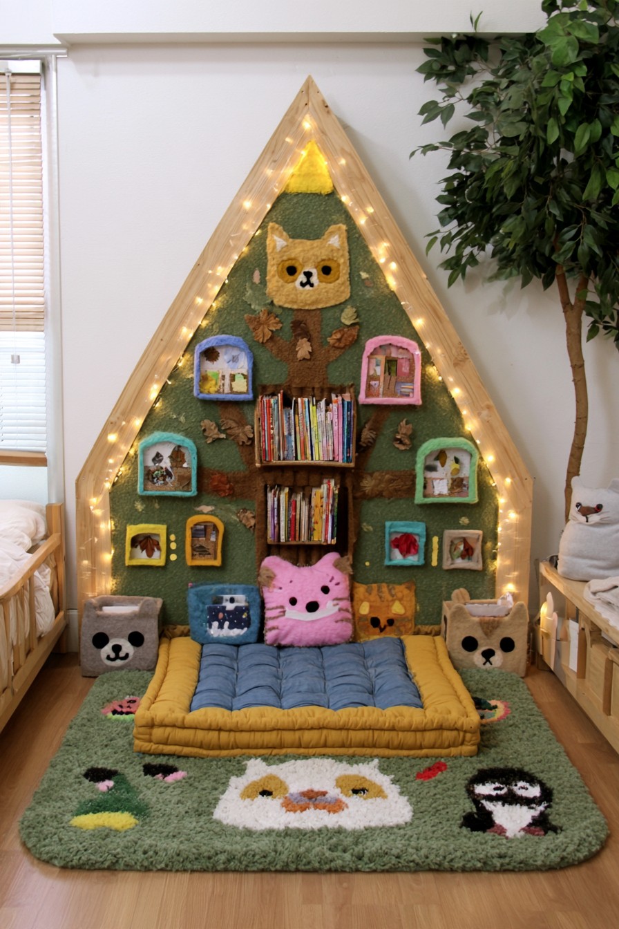 Triangular timber wall frame with central book shelves, small house shaped displays, and a yellow and blue floor mat