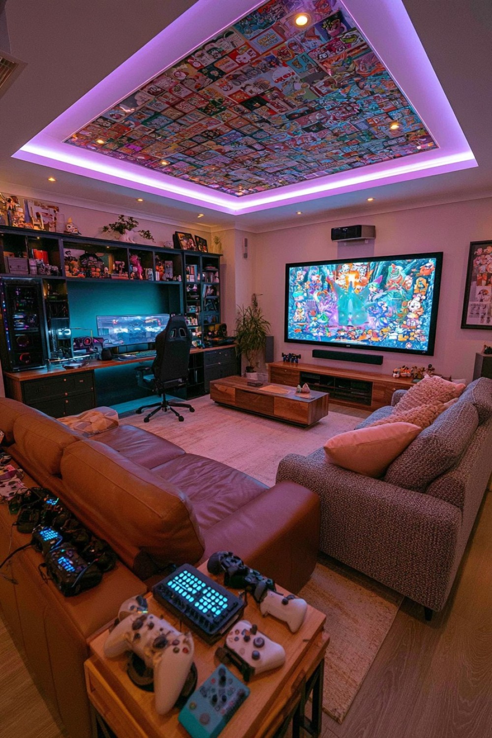 Private entertainment room divided into gaming and movie viewing zones